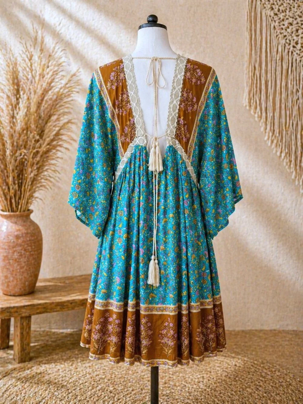 Boho Floral Lace Trim Dress, Teal Rust Print, Cottagecore, GiGiO Brand, Size S - Picture 6 of 11